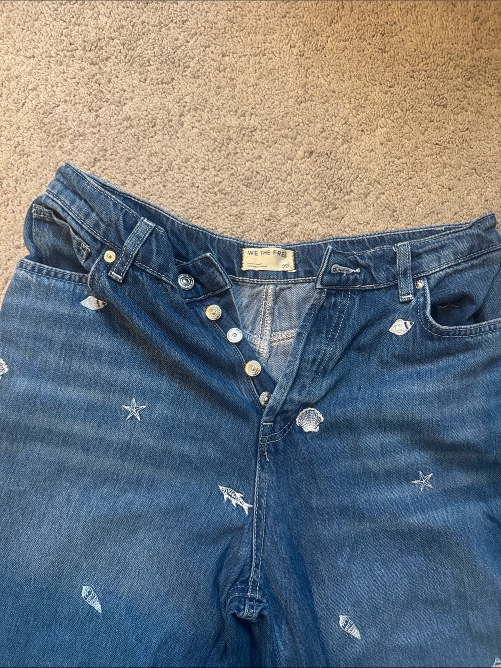 We The Free Wide Leg Embroidered Blue Denim Jeans - Picture 3 of 7